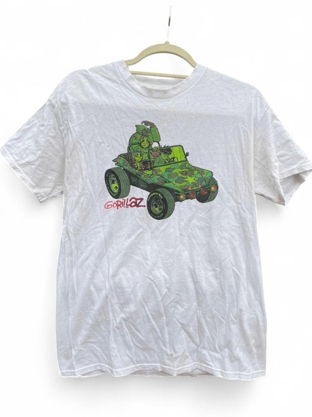 Gorillaz White Short Sleeve Graphic Tee - Green Camo Car Design